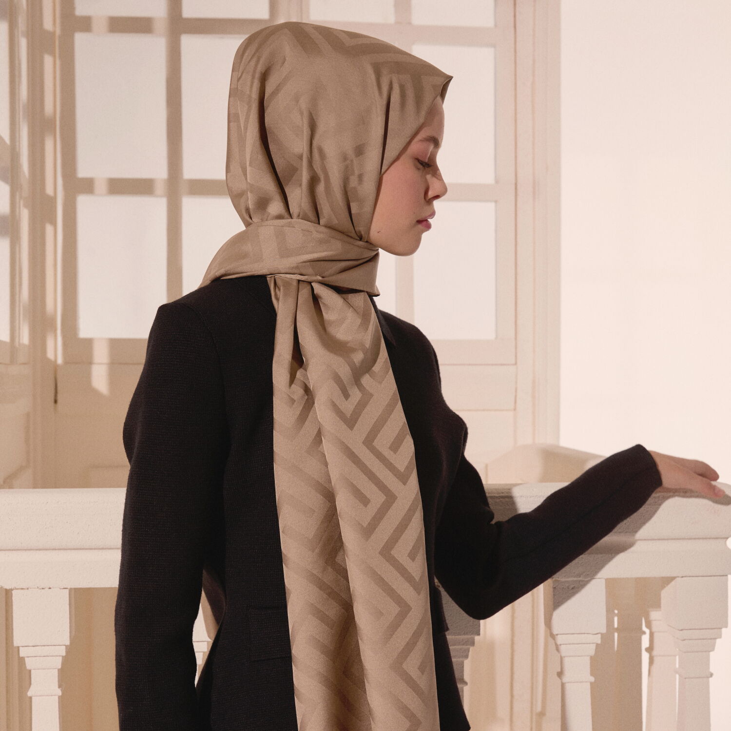 Mink G Pattern Jacquard Wool Silk Scarf - 6