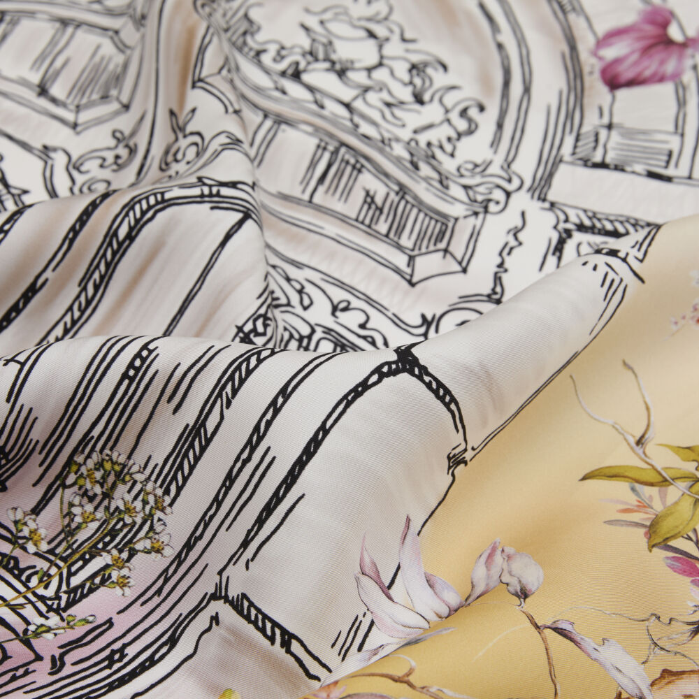Mink Vintage Floral Door Patterned Twill Silk Square Scarf - Vismara