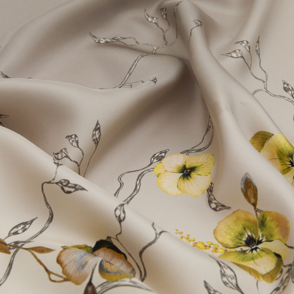 Mink Violet Flower Patterned Twill Silk Square Scarf - Vismara