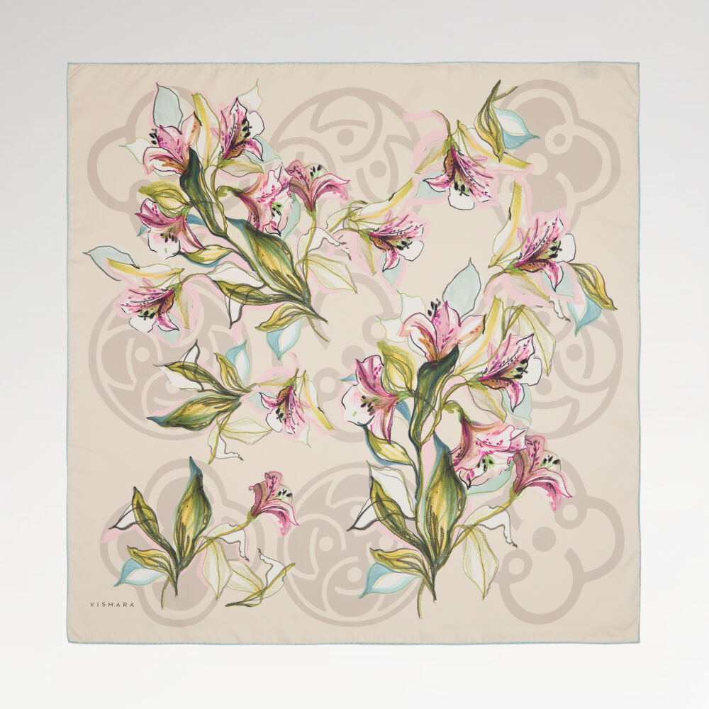 Mink Vismara Monogram Lily Flower Patterned Twill Silk Square Scarf