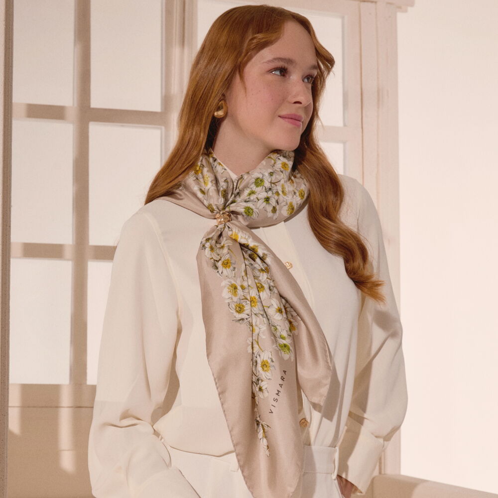 Mink Watercolour Flower Pattern Twill Silk Square Scarf - Vismara