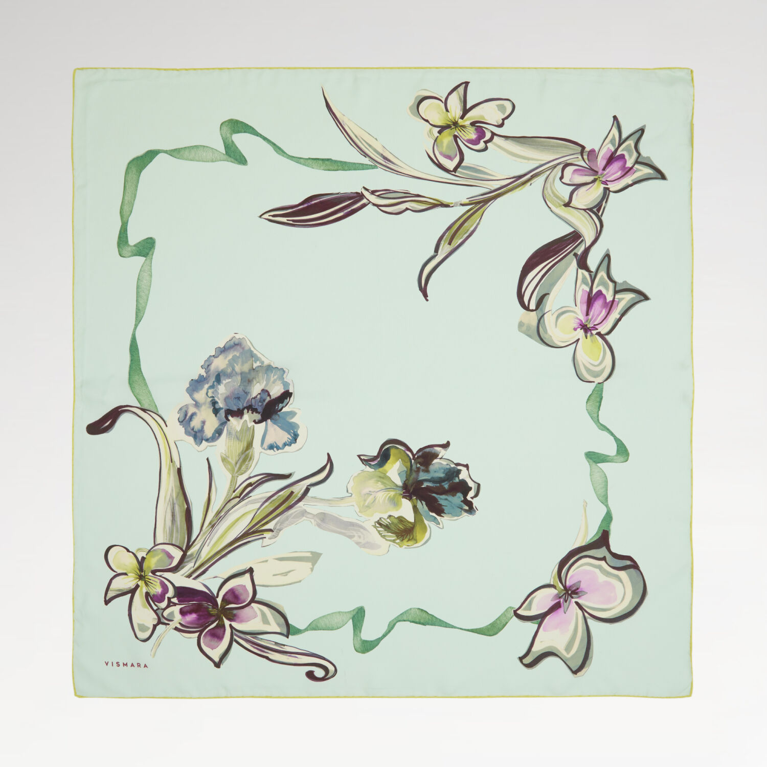 Mint Carnation and Lily Flower Patterned Twill Silk Square Scarf - 1