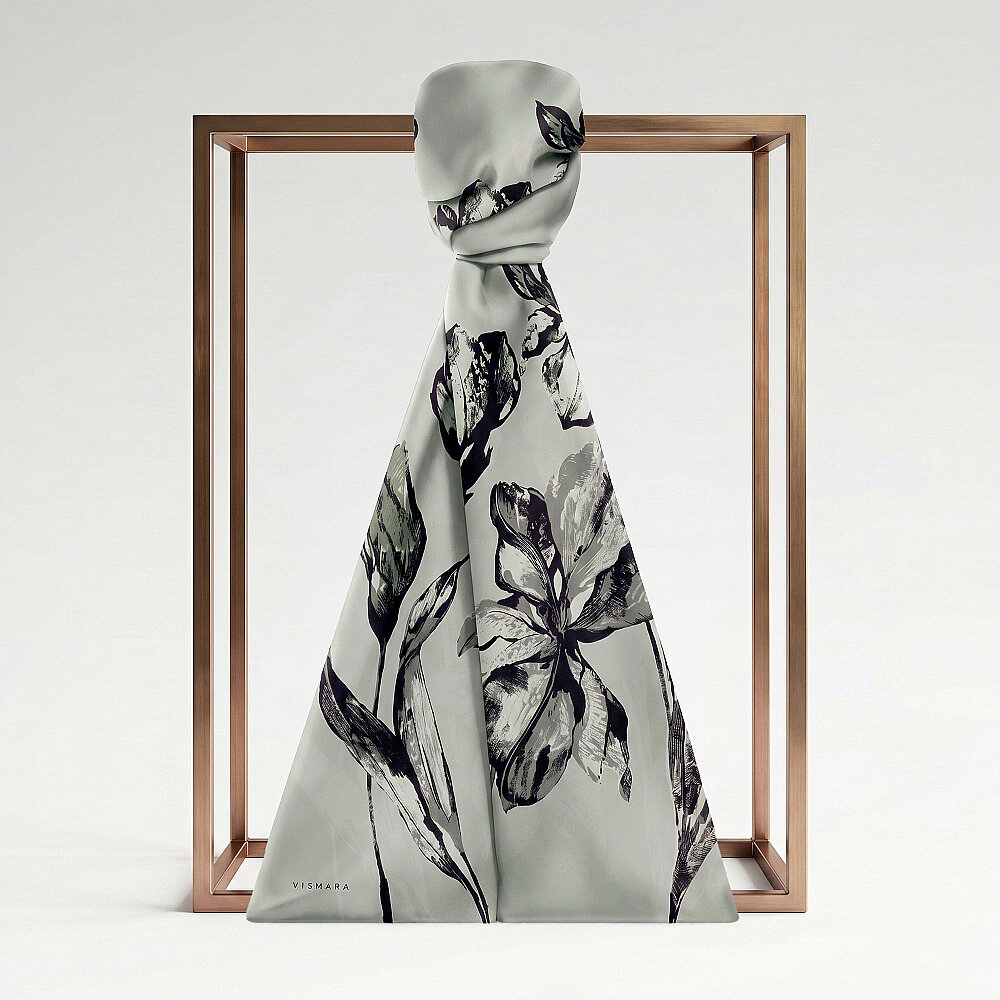 Mint Charcoal Lily Patterned Silk Scarf - 1