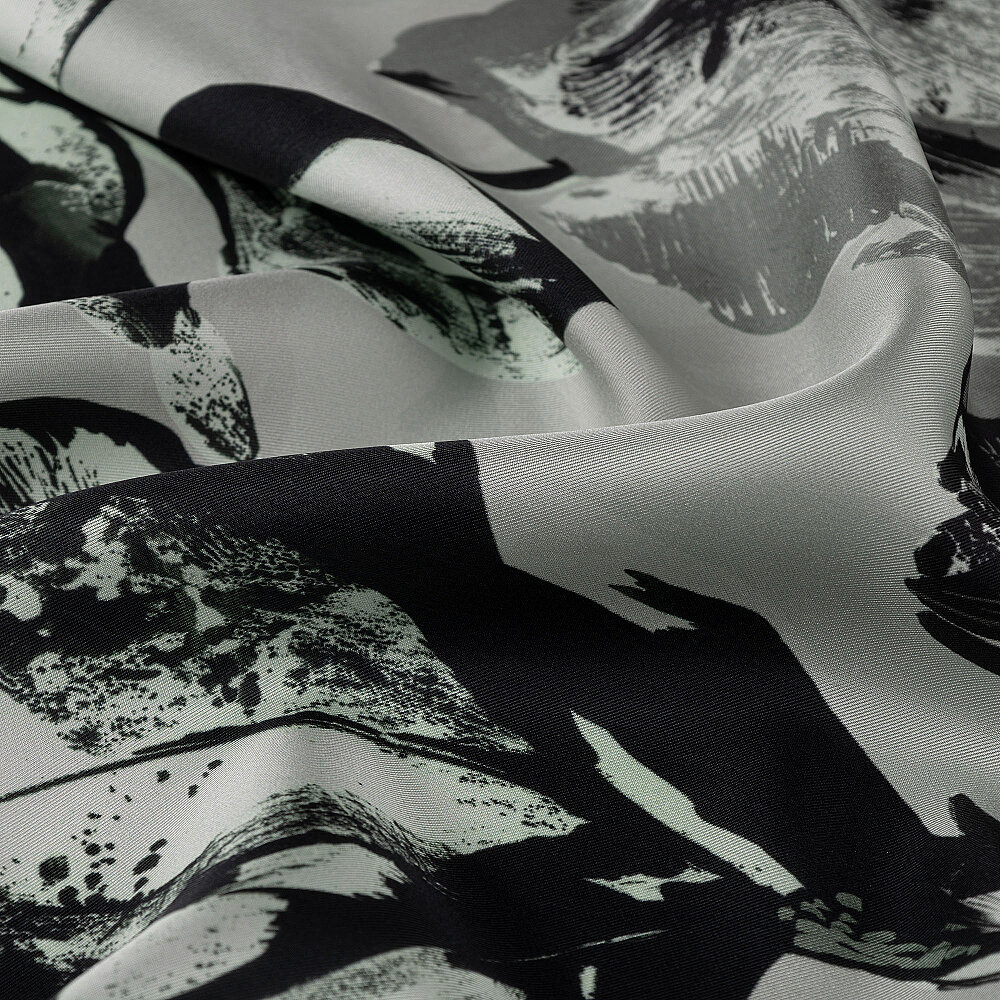 Mint Charcoal Lily Patterned Silk Scarf - 3