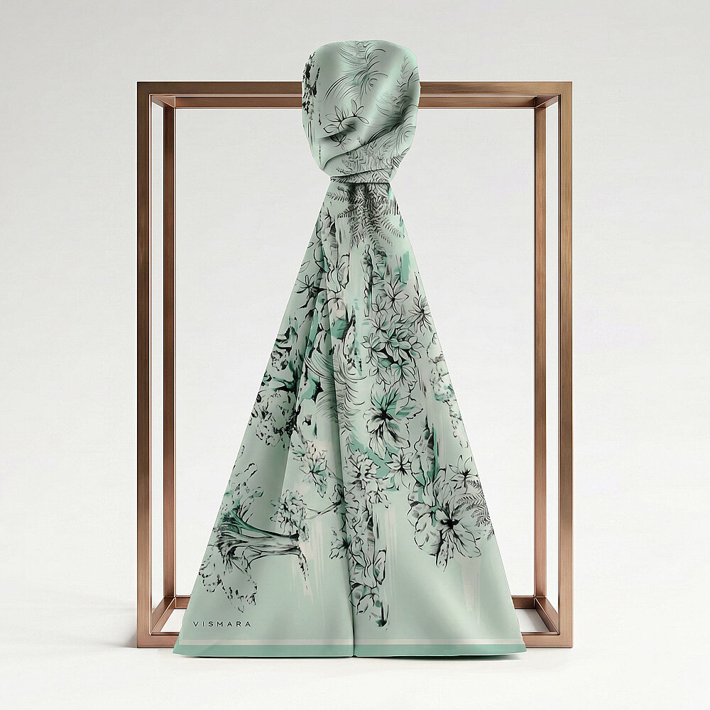 Mint Green Toile Garden Pattern Silk Scarf - 1