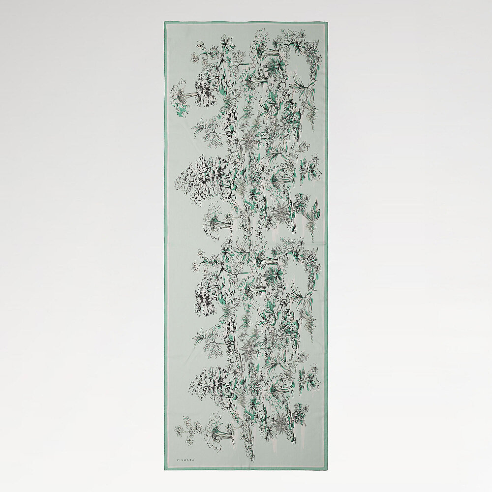 Mint Green Toile Garden Pattern Silk Scarf - 2