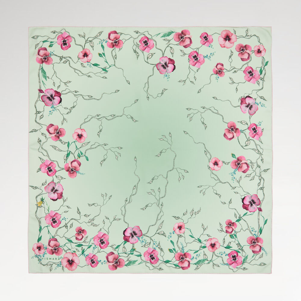 Mint Menekşe Çiçeği Desenli Twill İpek Eşarp