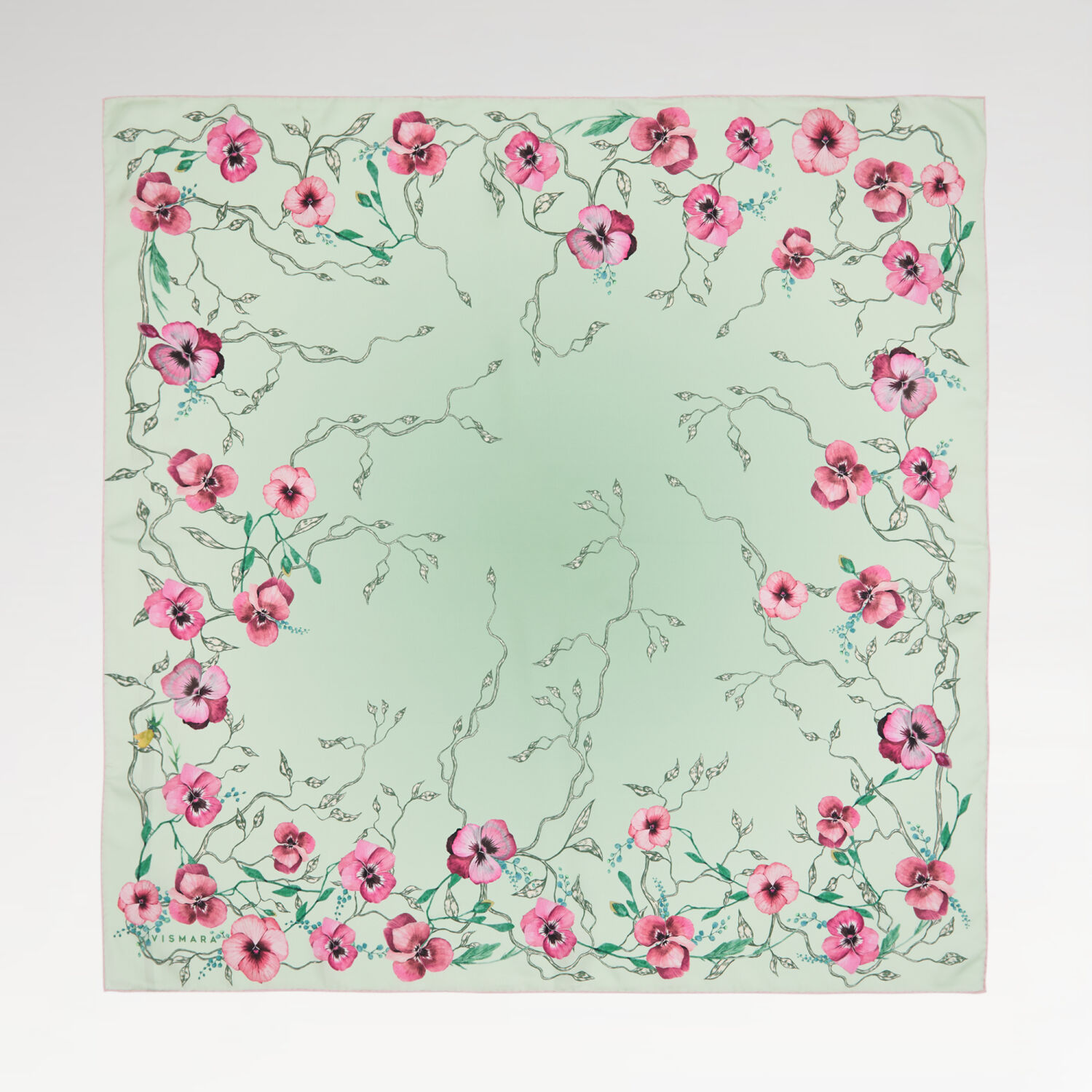 Mint Menekşe Çiçeği Desenli Twill İpek Eşarp - 1