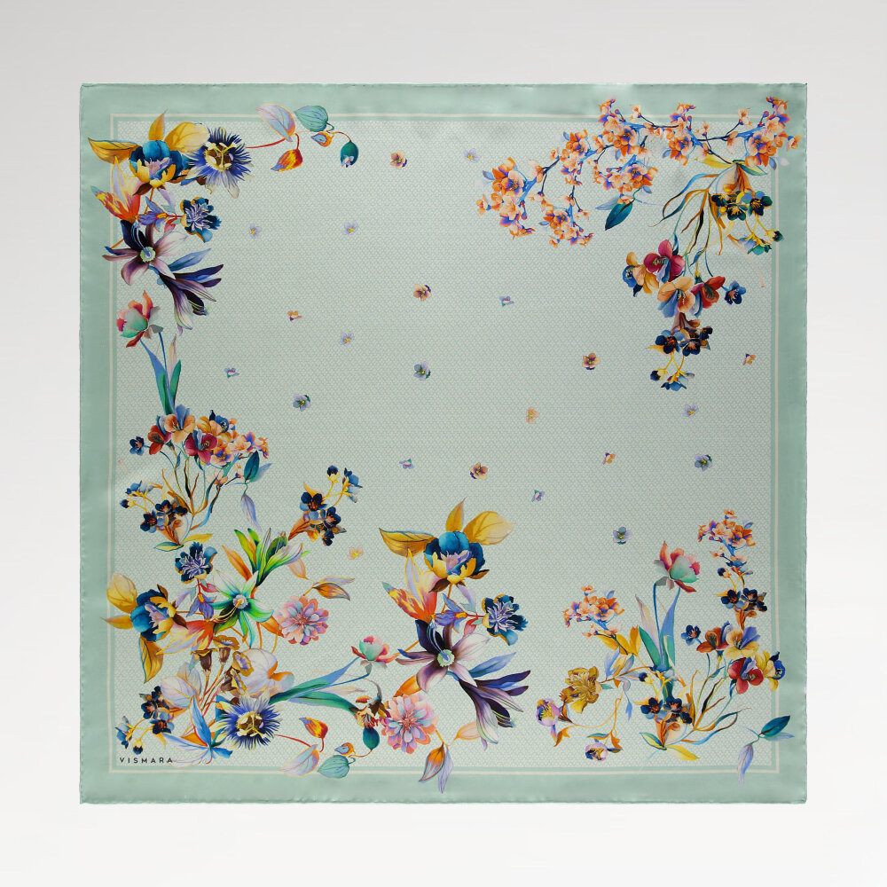 Mint Monogram Flower Garden Patterned Silk Square Scarf - 1