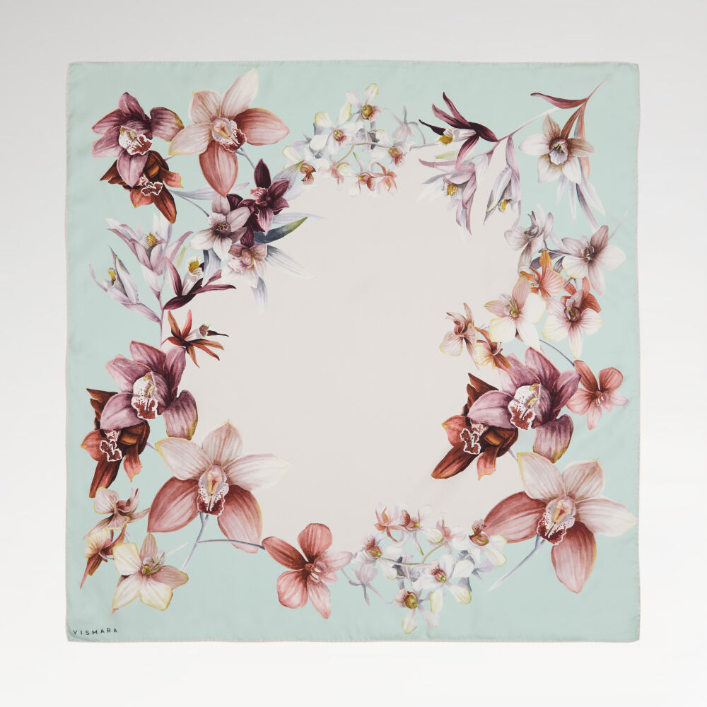 Mint Orchid Flower Patterned Twill Silk Square Scarf