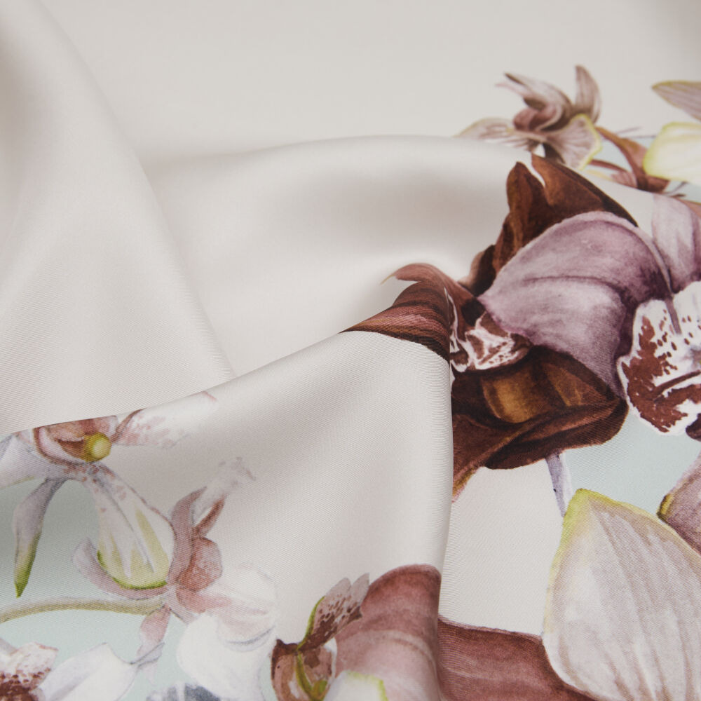 Mint Orchid Flower Patterned Twill Silk Square Scarf - Vismara