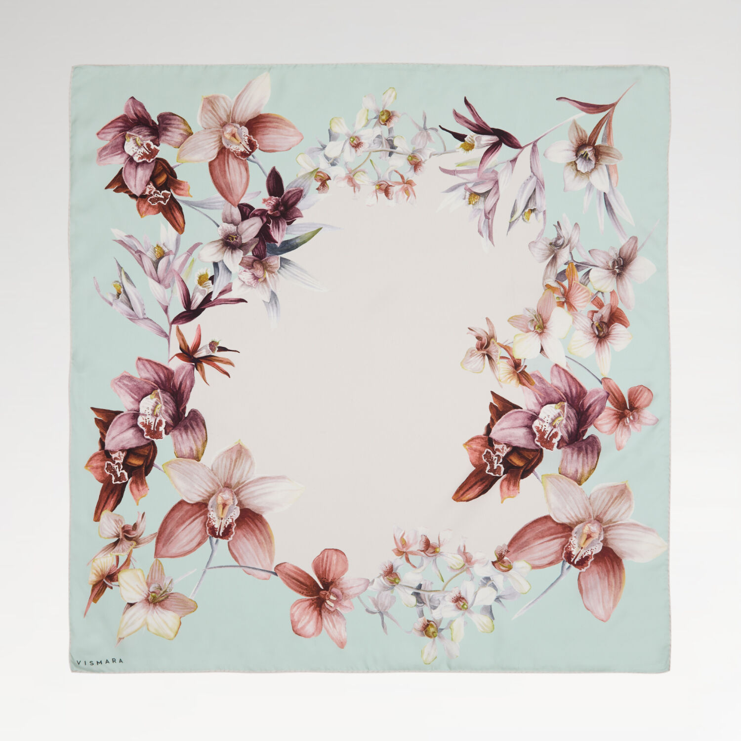 Mint Orkide Çiçeği Desenli Twill İpek Eşarp - 1