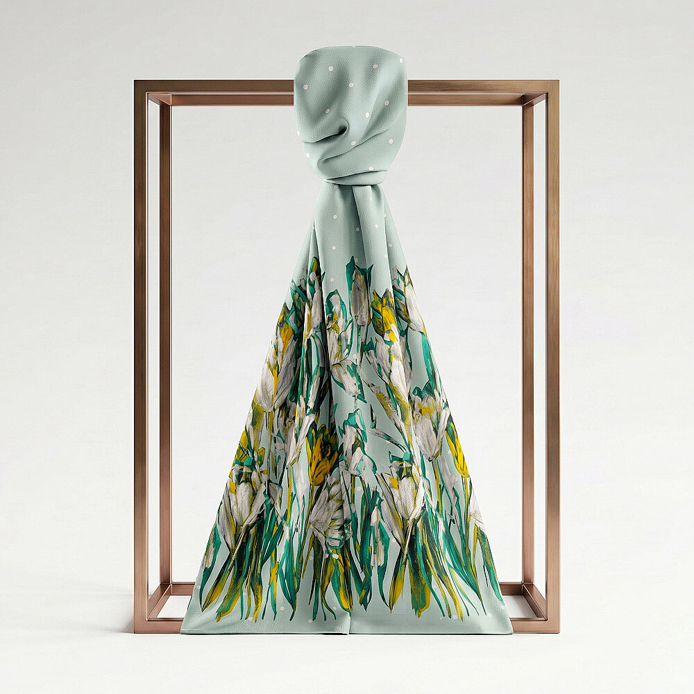 Mint Polka Dot Tulip Garden Pattern Silk Scarf - 1