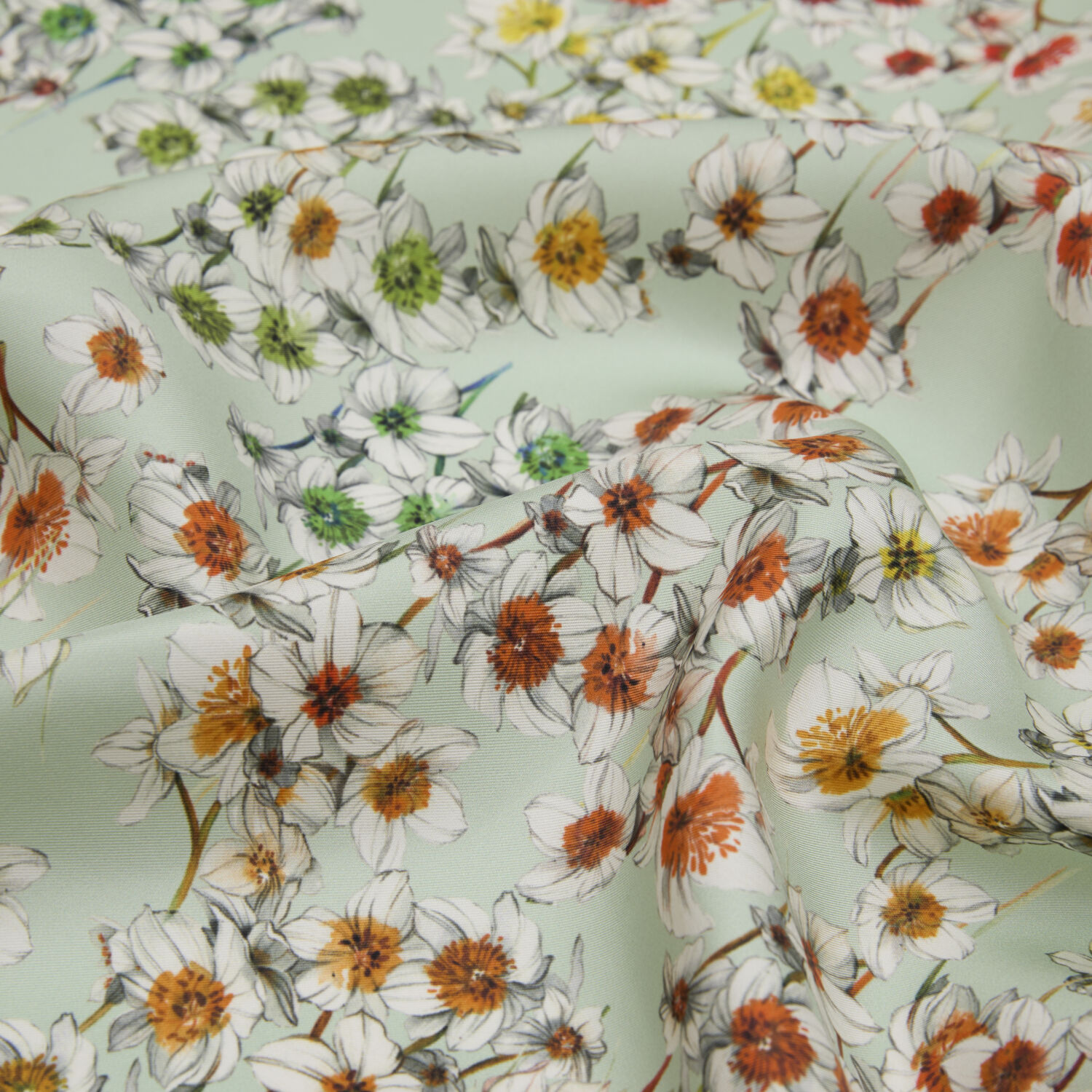 Mint Sulu Boya Çiçek Deseni Twill İpek Eşarp - 2