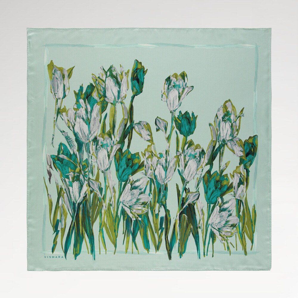 Mint Tulip Garden Pattern Twill Silk Square Scarf