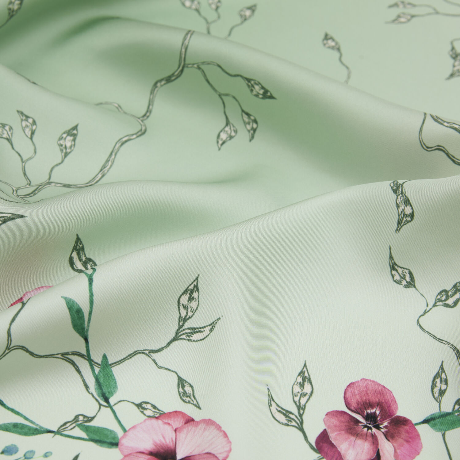 Mint Violet Flower Patterned Twill Silk Square Scarf - 2