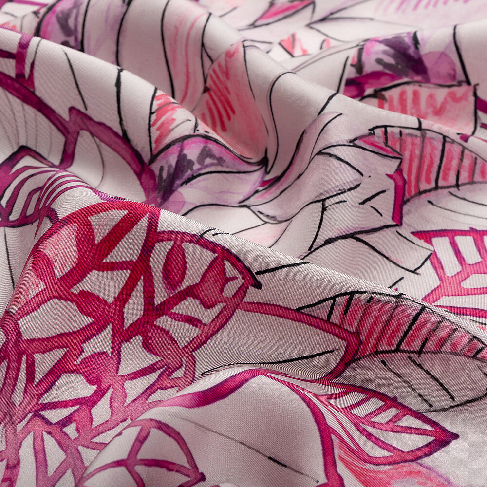 Mor Floral Yaprak Desenli Twill İpek Eşarp - 2