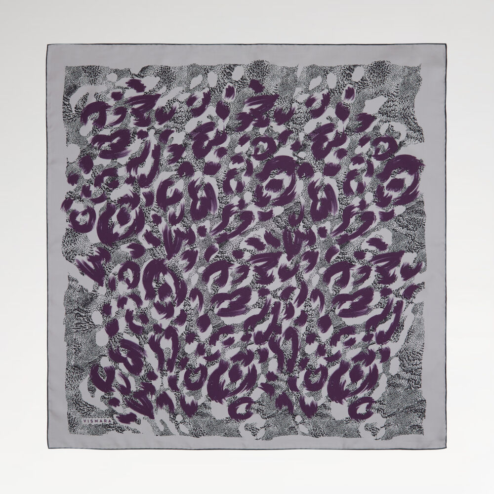 Mor Leopar Desenli Twill İpek Eşarp