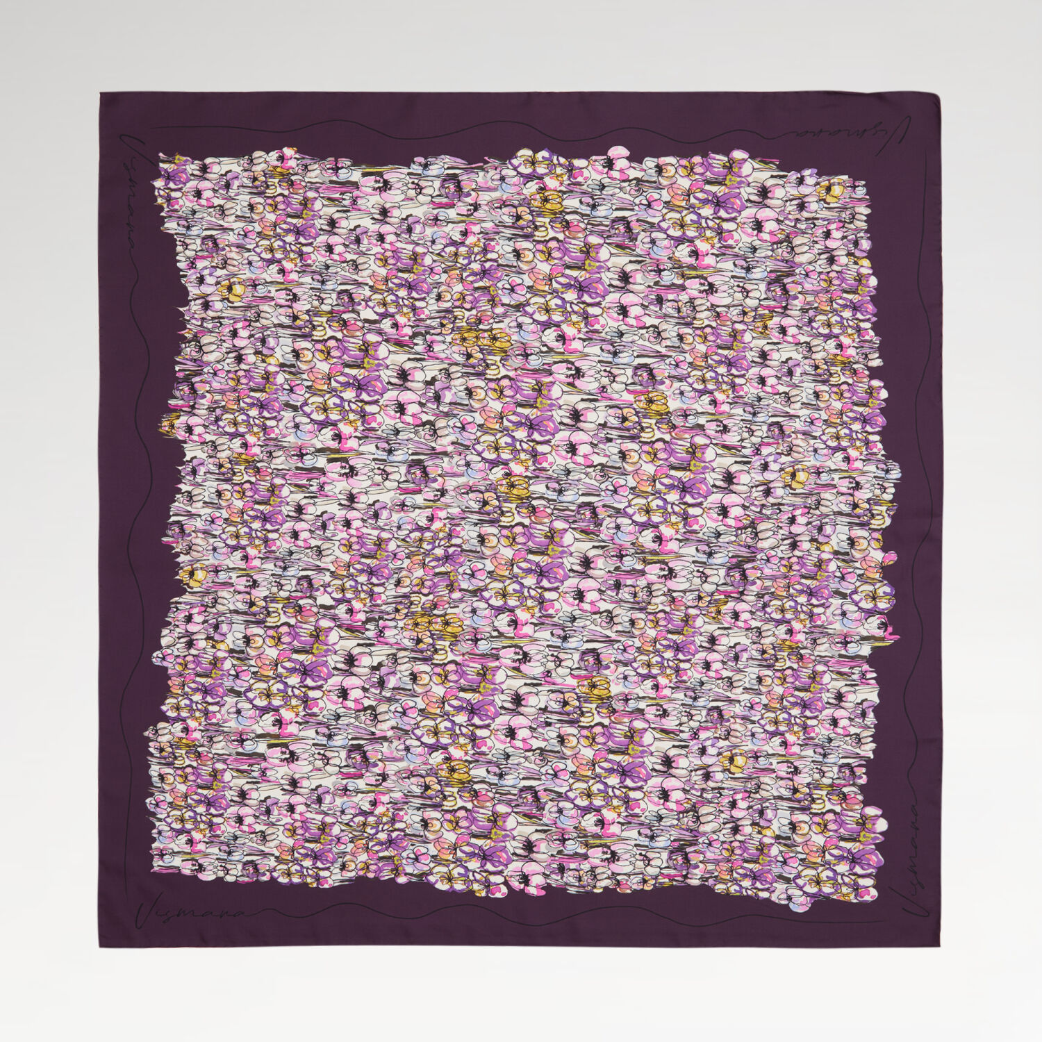 Mürdüm Bahar Çiçekleri Desenli Twill İpek Eşarp - 1
