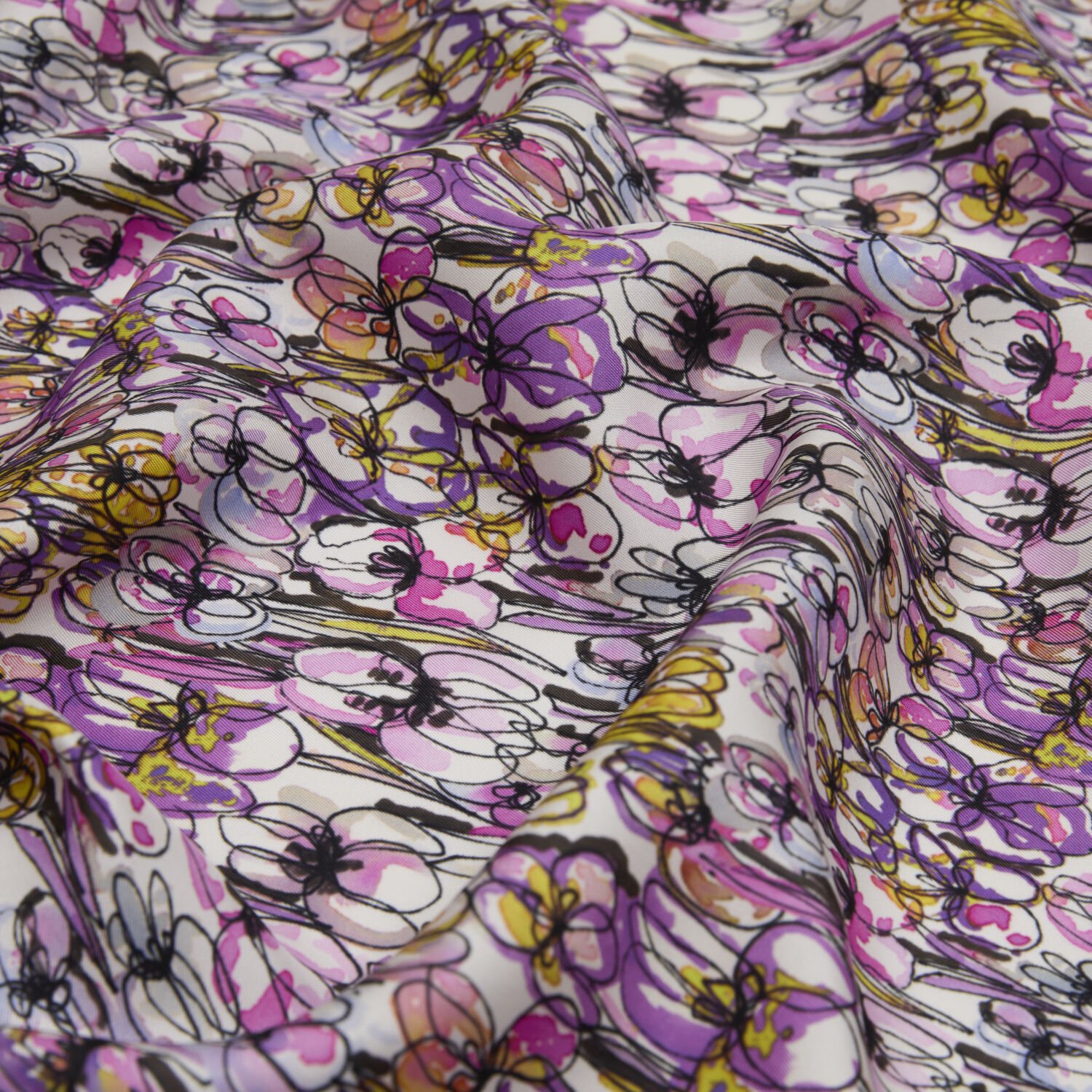 Mürdüm Bahar Çiçekleri Desenli Twill İpek Eşarp - 2