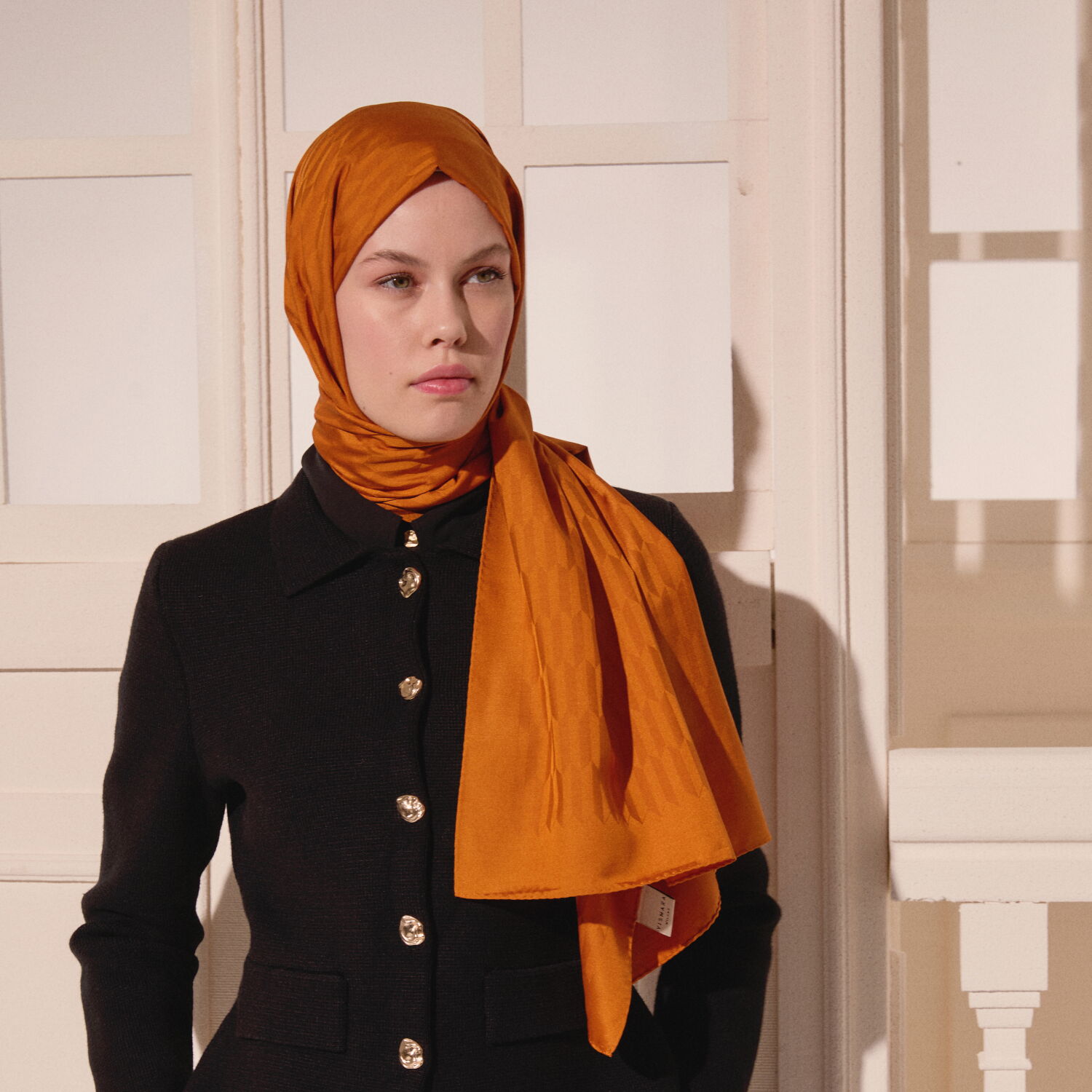 Mustard Drop Pattern Jacquard Wool Silk Scarf - 3
