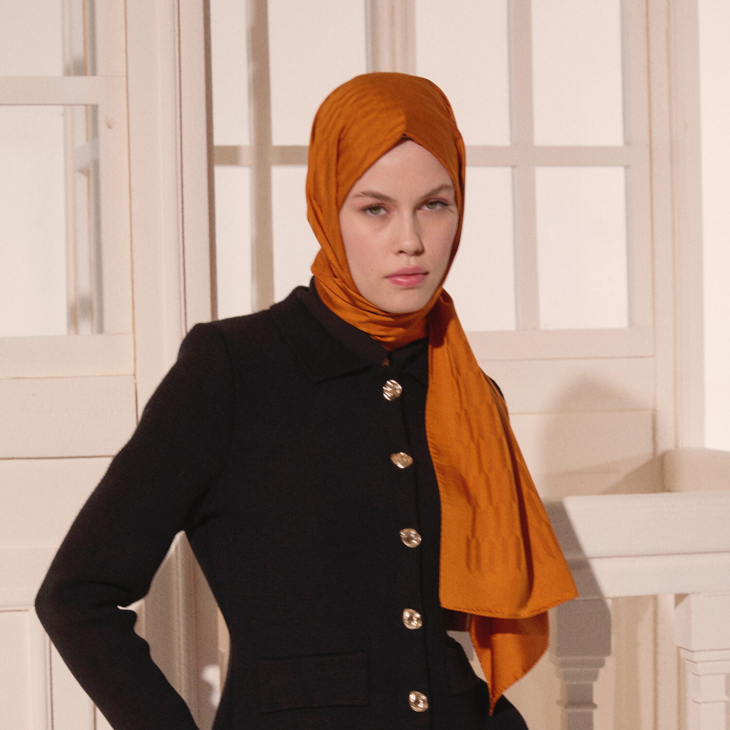 Mustard Drop Pattern Jacquard Wool Silk Scarf - 4