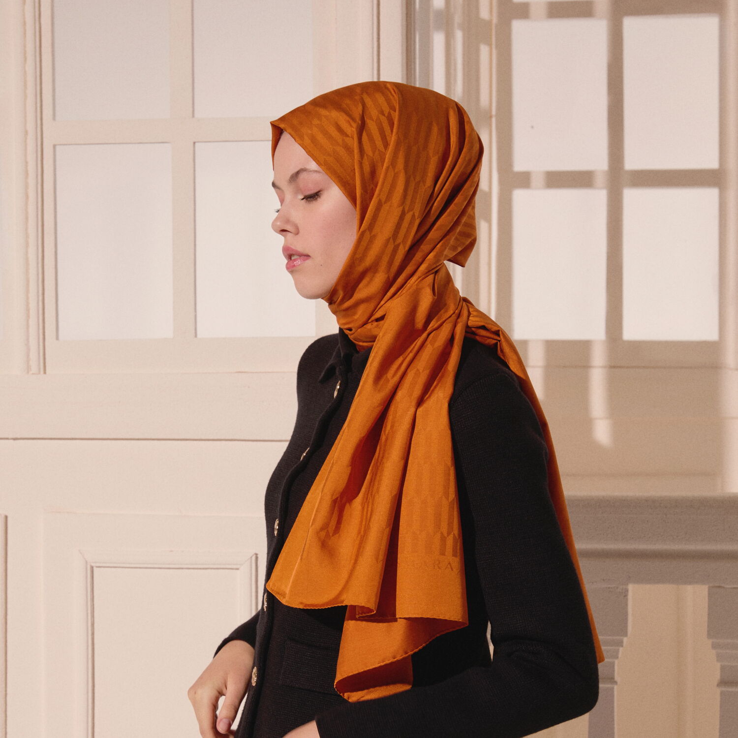 Mustard Drop Pattern Jacquard Wool Silk Scarf - 5