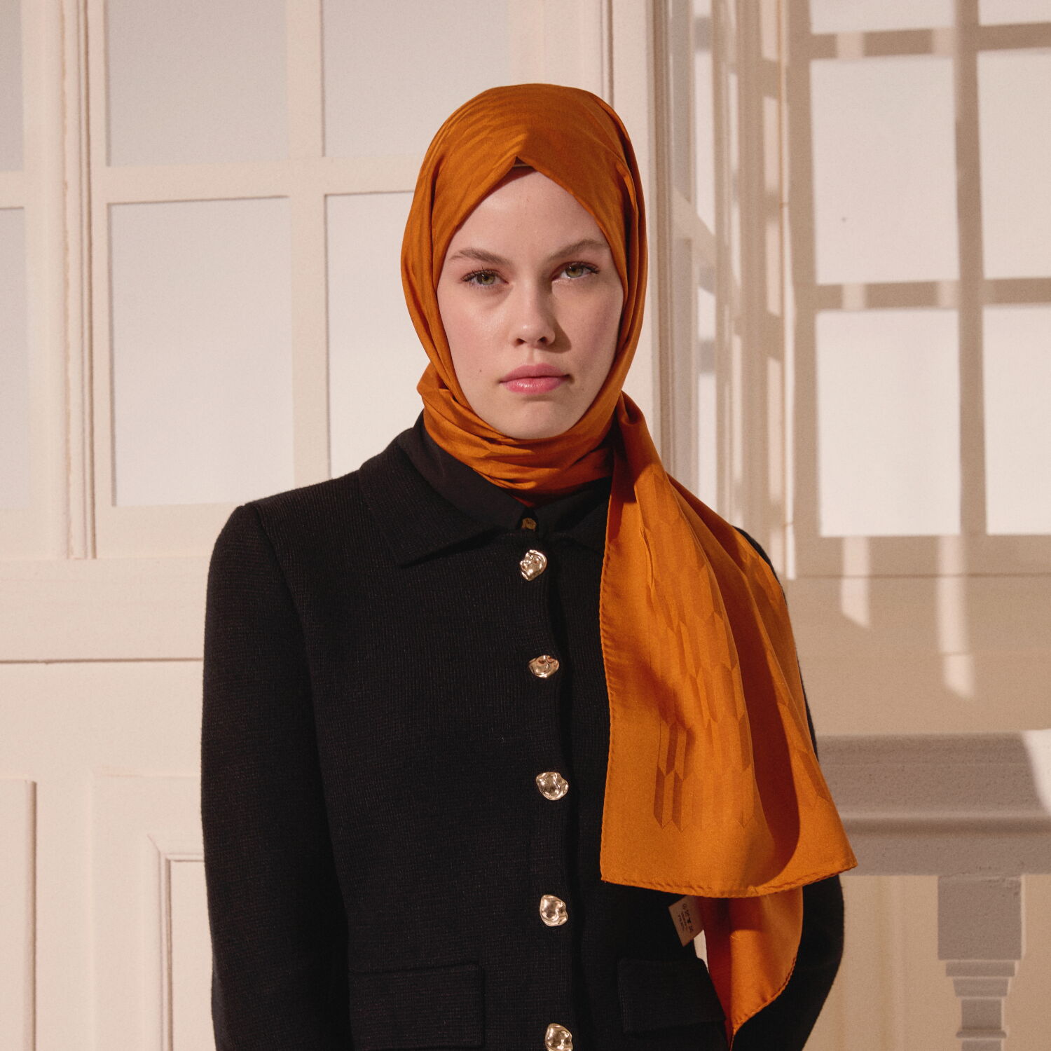 Mustard Drop Pattern Jacquard Wool Silk Scarf - 6