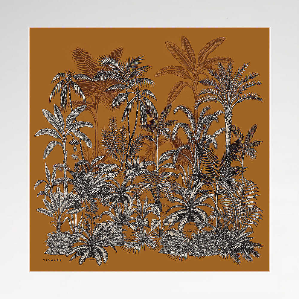 Mustard Exotic Oasis Patterned Twill Silk Square Scarf - 1