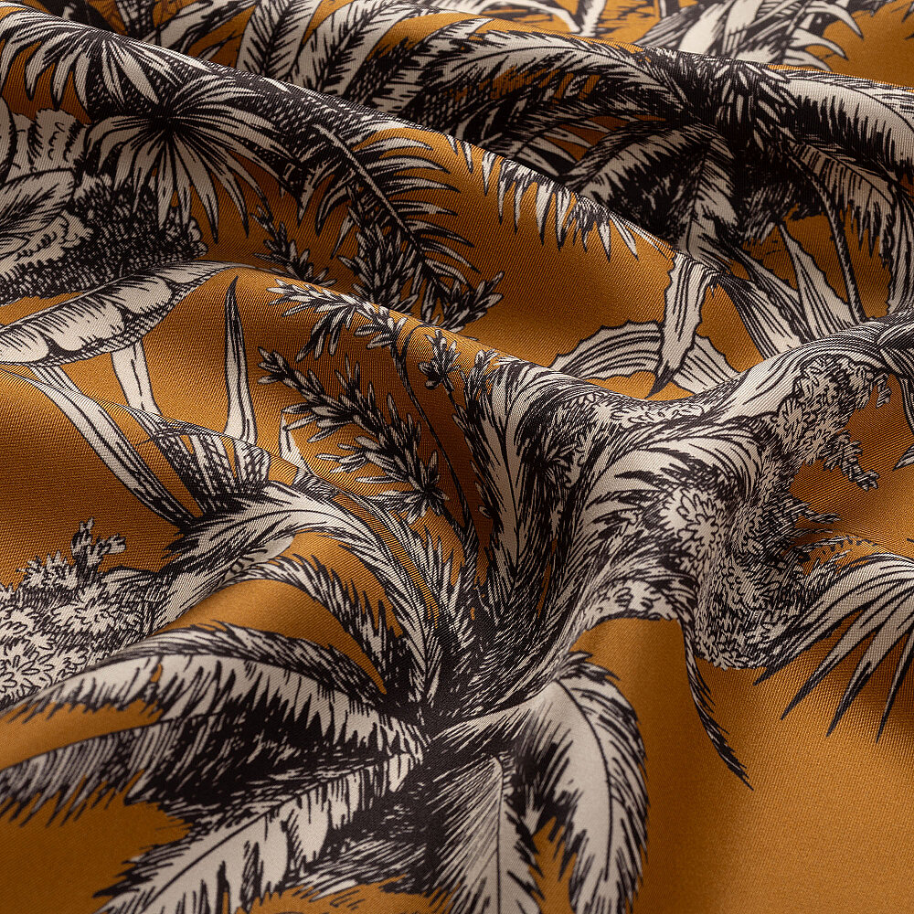 Mustard Exotic Oasis Patterned Twill Silk Square Scarf - 2