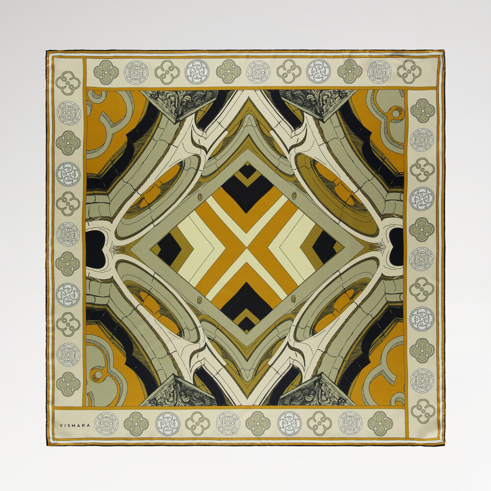 Mustard Linear Columns Patterned Twill Silk Square Scarf