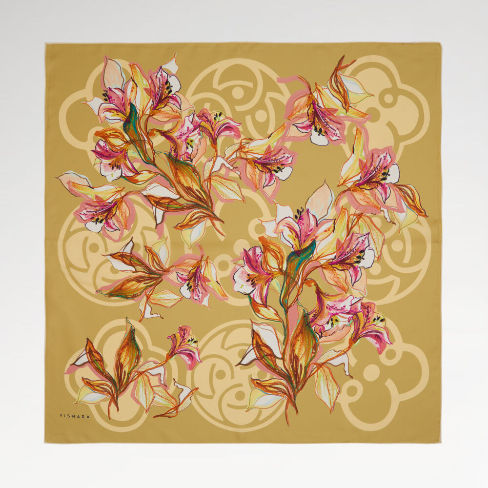 Mustard Vismara Monogram Lily Flower Pattern Twill Silk Square Scarf