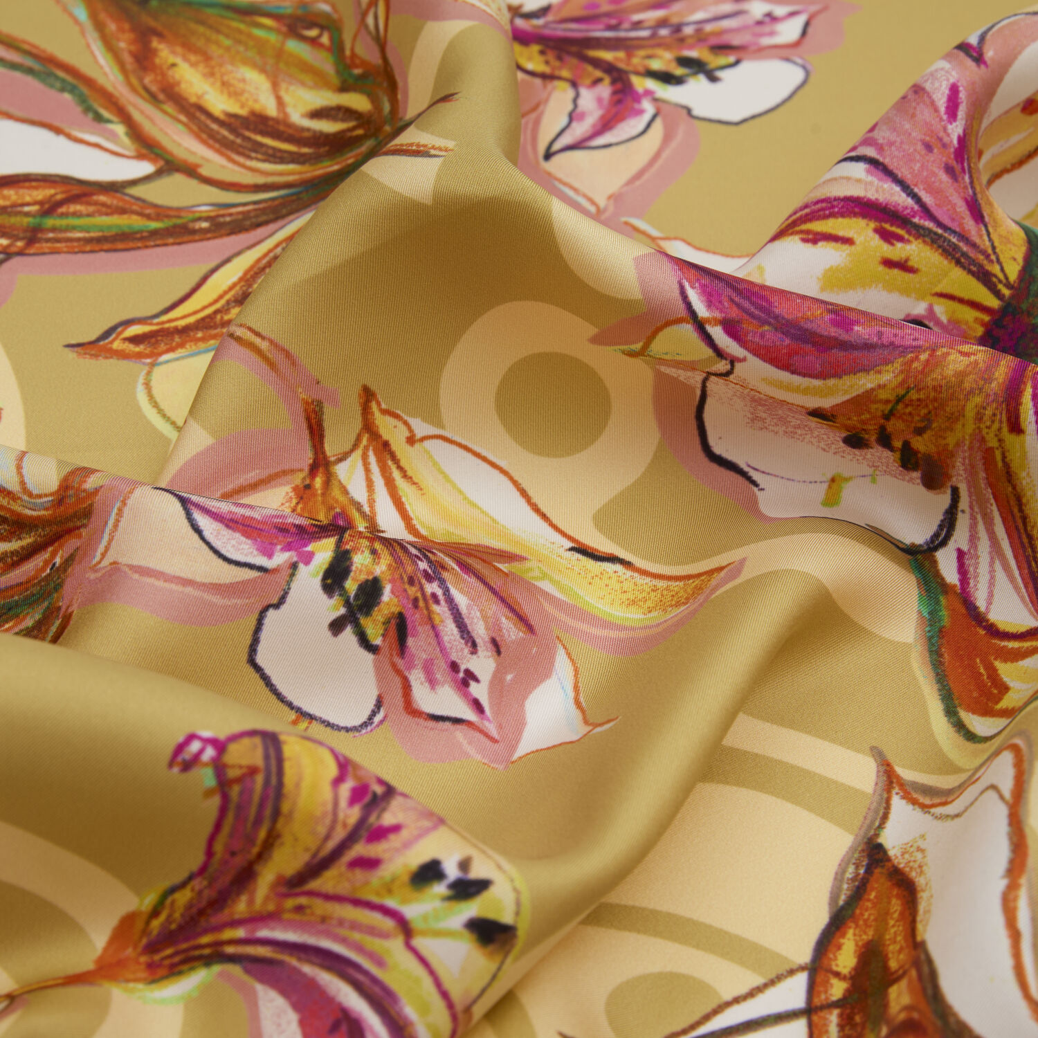 Mustard Vismara Monogram Lily Flower Pattern Twill Silk Square Scarf - 2