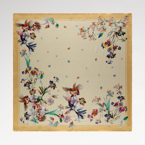Mustard Yellow Monogram Flower Garden Pattern Silk Square Scarf