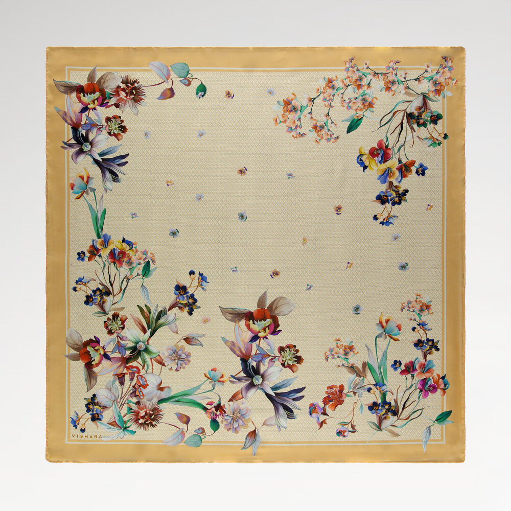 Mustard Yellow Monogram Flower Garden Pattern Silk Square Scarf - 1