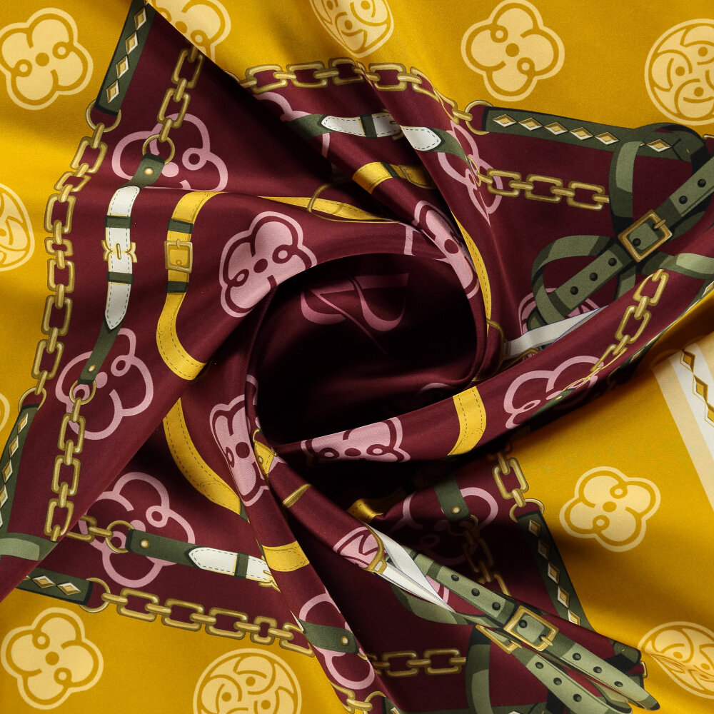 Mustard Yellow Vismara Monogram Chain Pattern Silk Square Scarf - 2