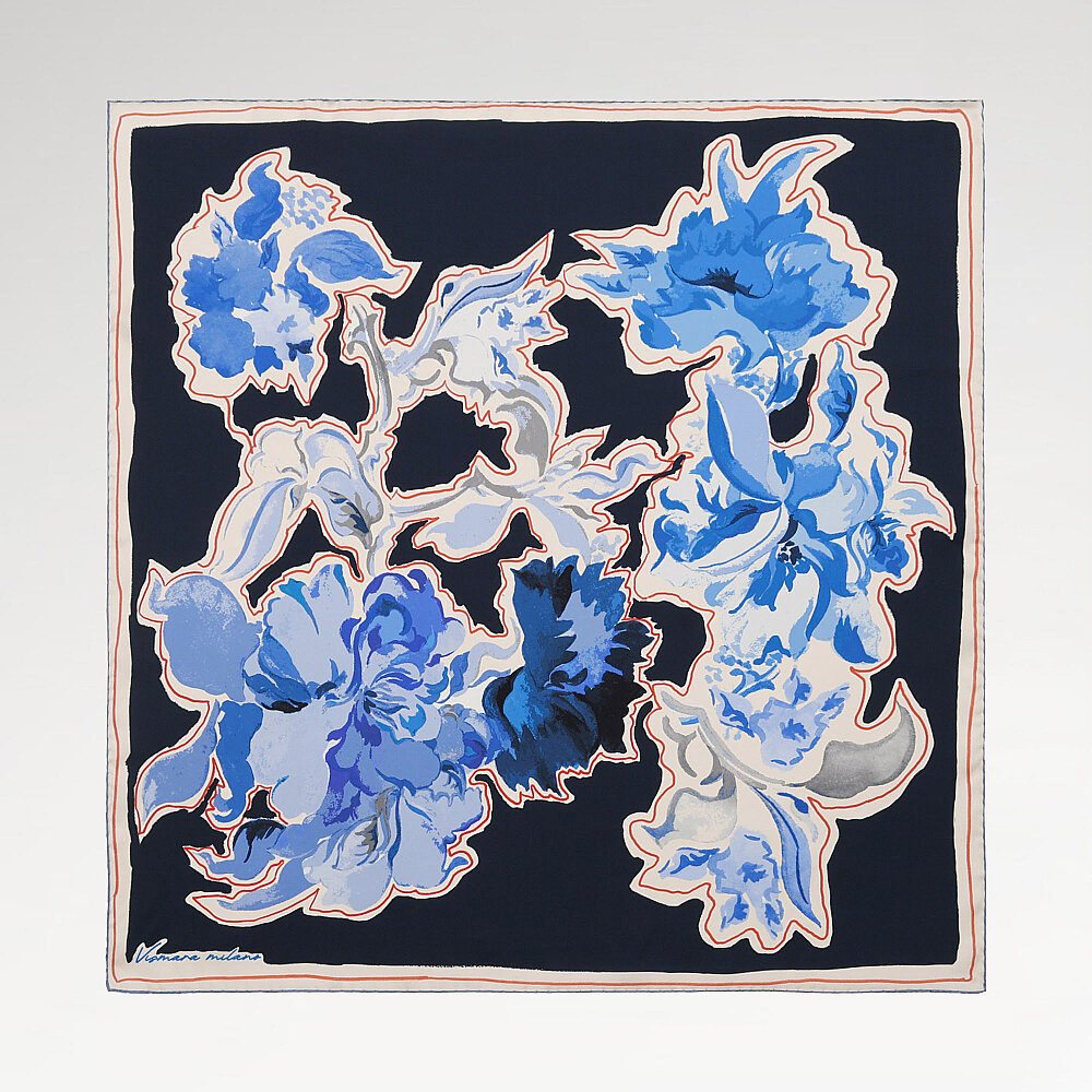 Navy Blue Abstract Flora Patterned Twill Silk Square Scarf - 1