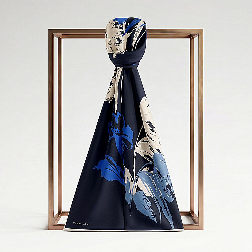 Navy Blue Abstract Tulip Pattern Silk Scarf