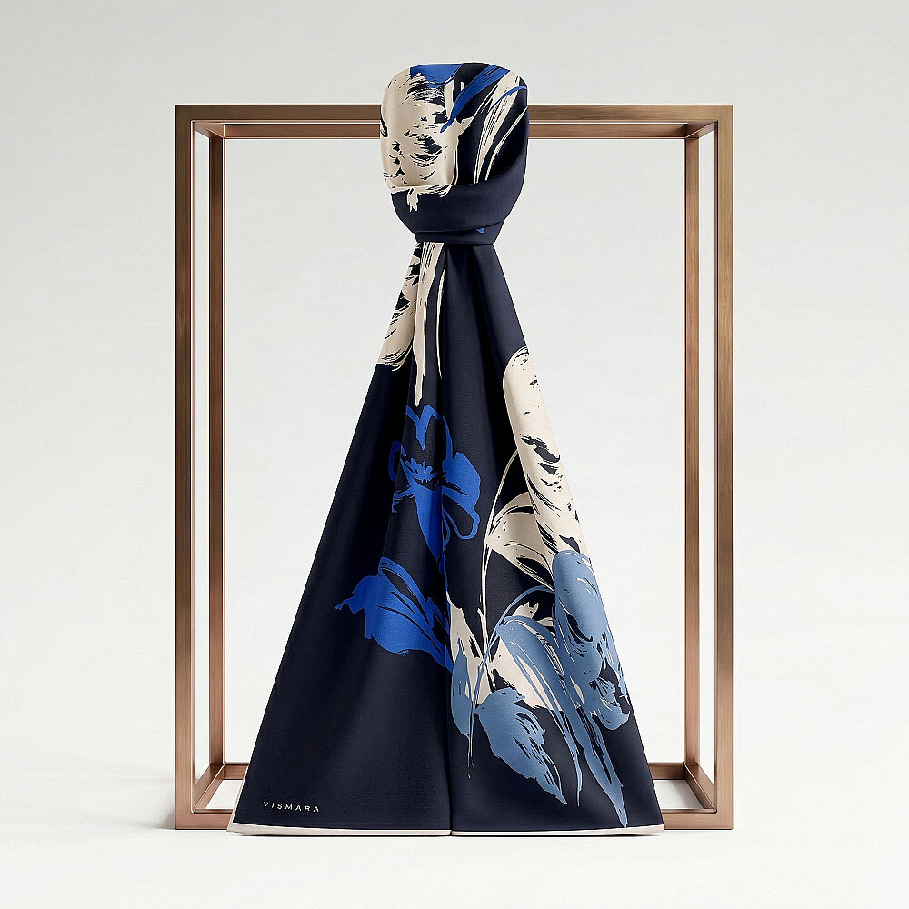 Navy Blue Abstract Tulip Pattern Silk Scarf - 1