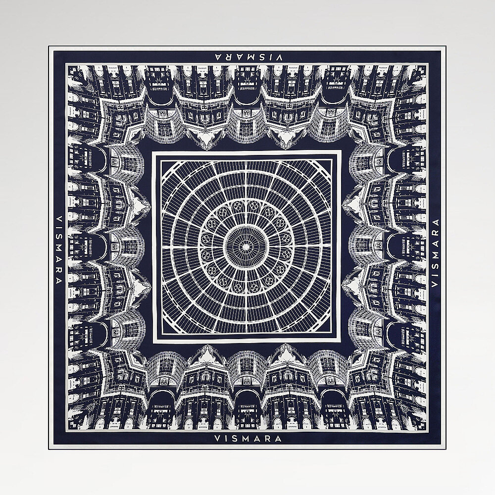Navy Blue and White Galleria Dome Patterned Twill Silk Square Scarf - 1
