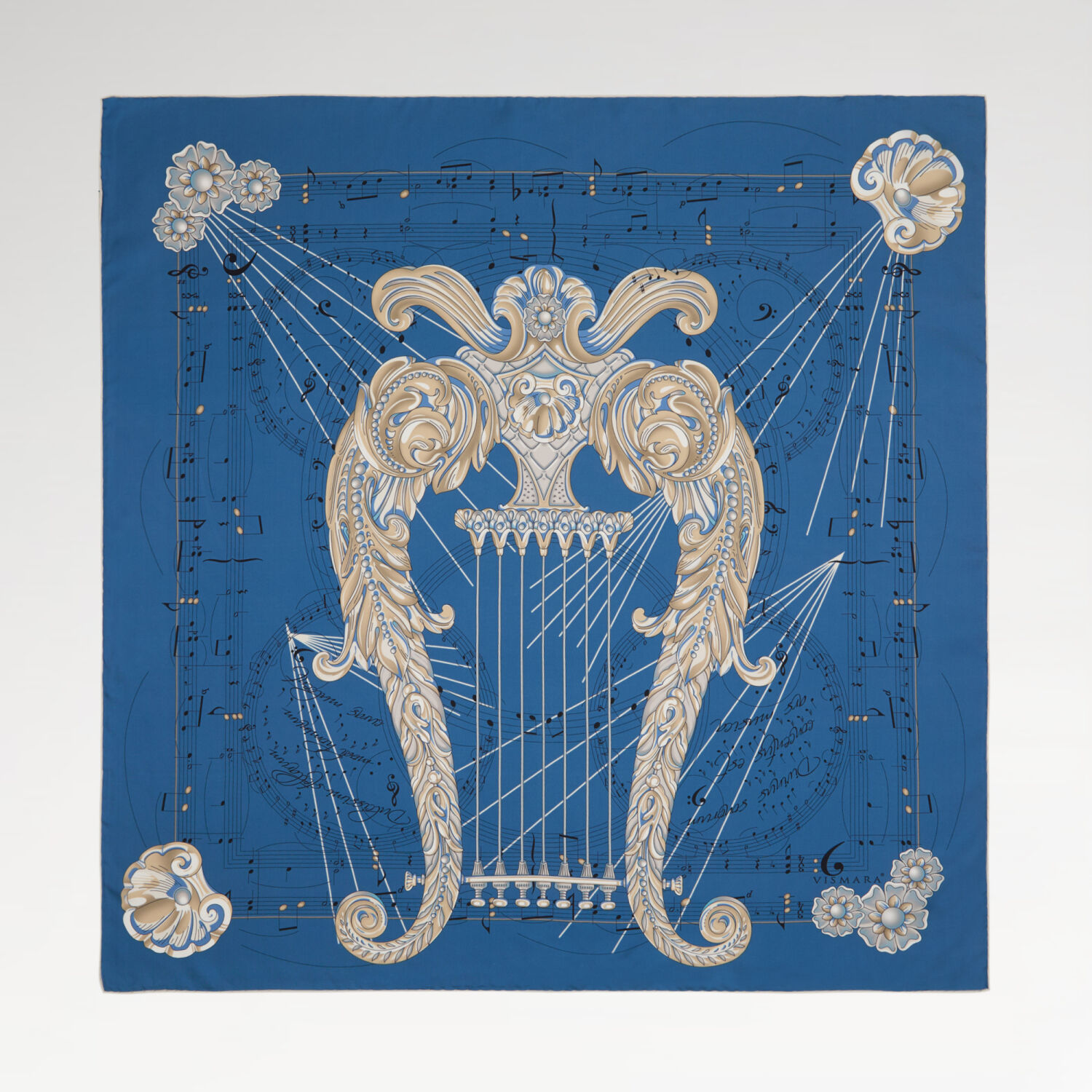 Navy Blue Antique Lyre Pattern Twill Silk Square Scarf - 1