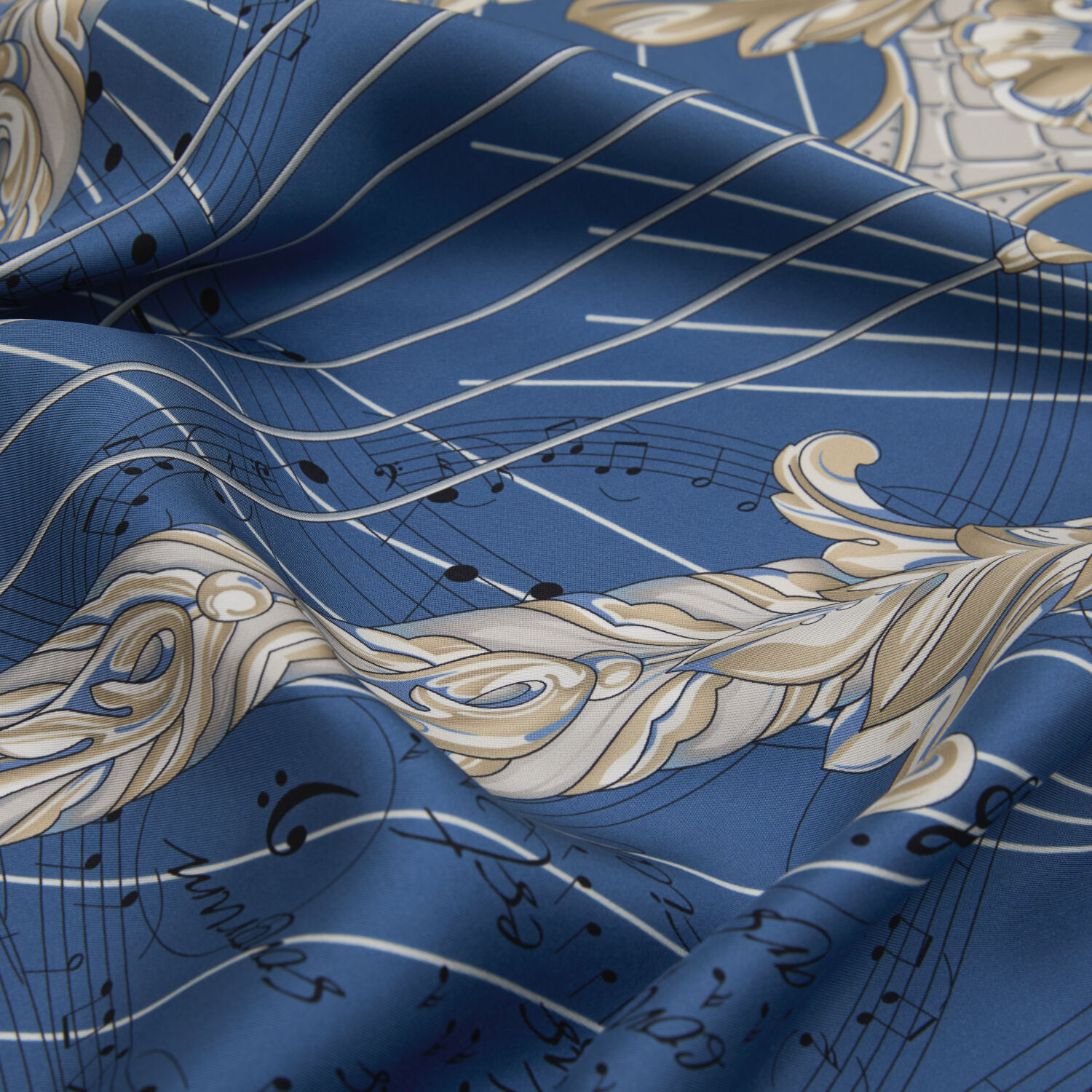 Navy Blue Antique Lyre Pattern Twill Silk Square Scarf - 2