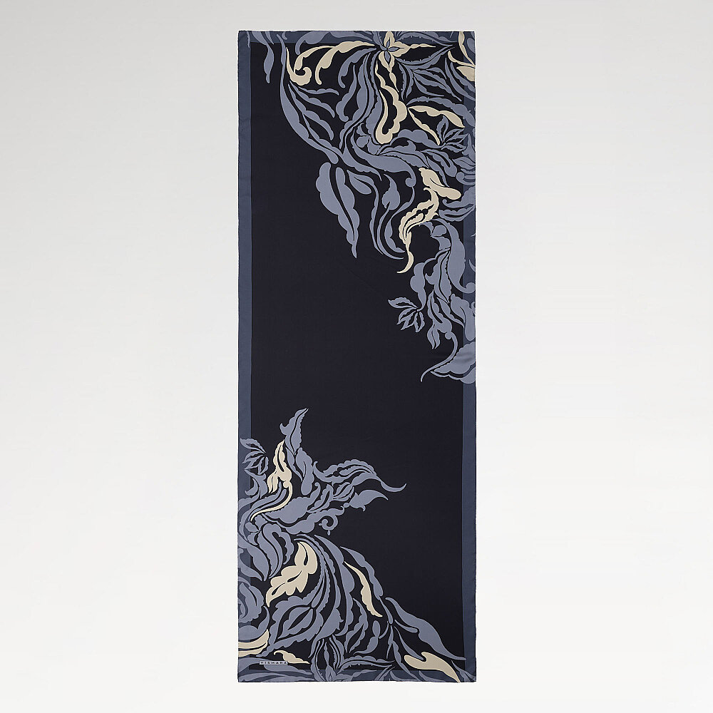 Navy Blue Baroque Floral Patterned Silk Scarf - 2