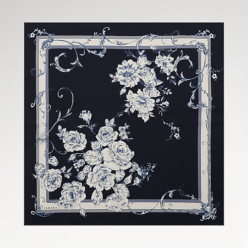 Navy Blue Baroque Rose Patterned Twill Silk Square Scarf