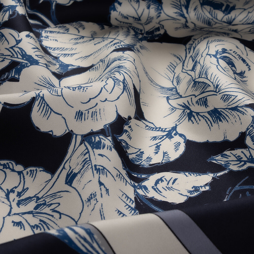 Navy Blue Baroque Rose Patterned Twill Silk Square Scarf - 2