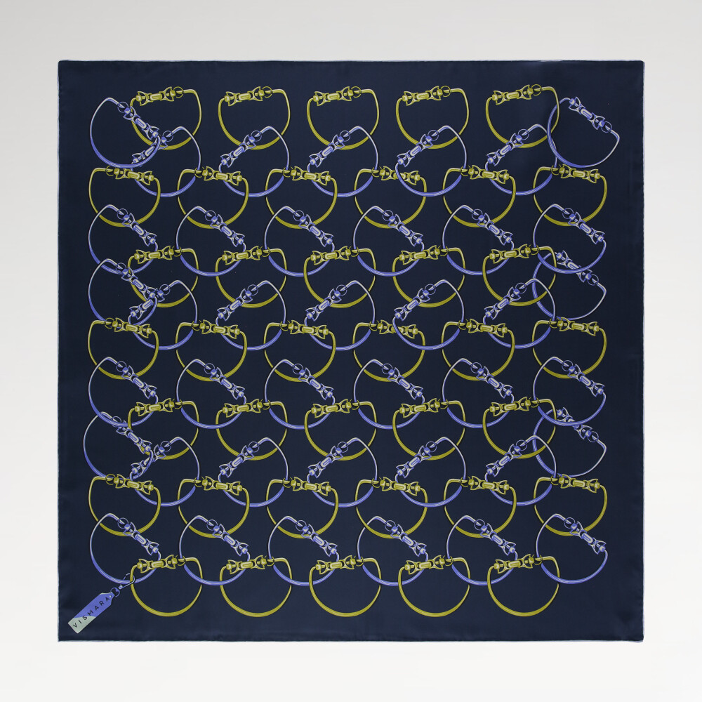 Navy Blue Chain Pattern Twill Silk Square Scarf