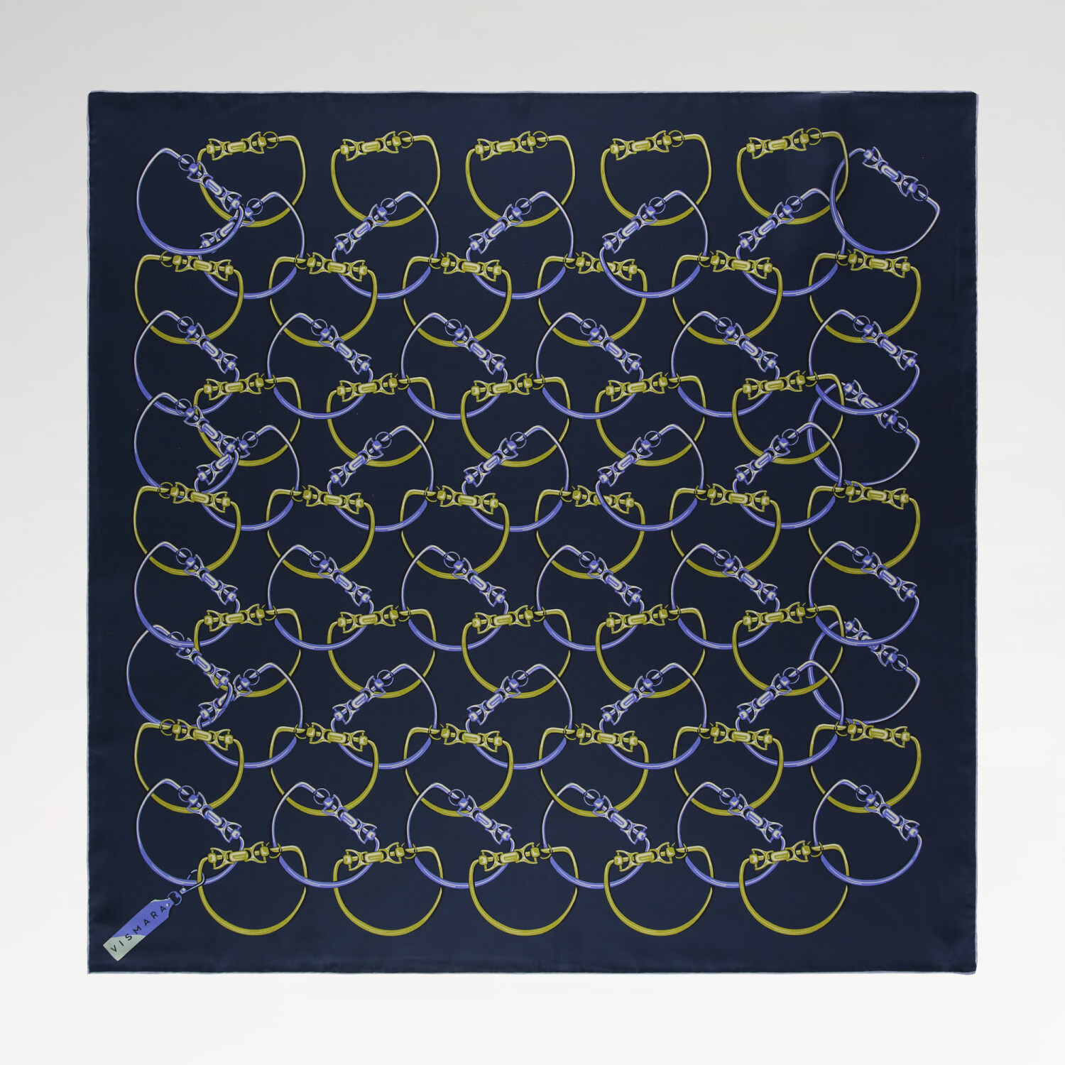 Navy Blue Chain Pattern Twill Silk Square Scarf - 1