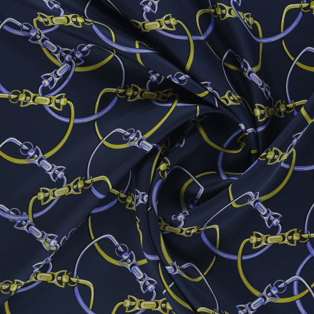 Navy Blue Chain Pattern Twill Silk Square Scarf - Vismara