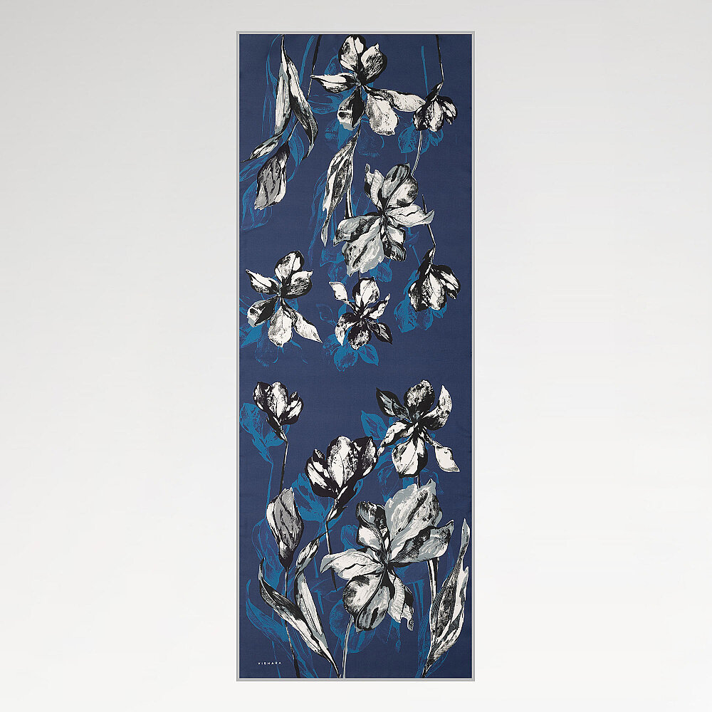Navy Blue Charcoal Lily Patterned Silk Scarf - 2