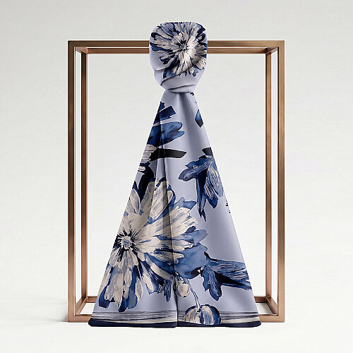 Navy Blue Chrysanthemum Breeze Patterned Silk Scarf - Vismara